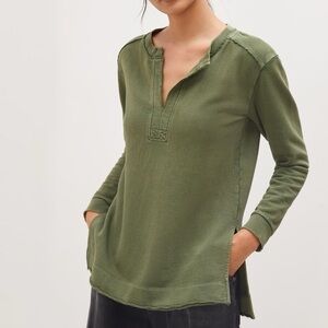 Anthropologie Split-Hem Tunic Moss Green V-Neck Pullover Sweatshirt Top